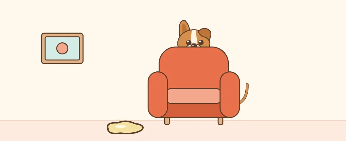 El perro asoma la cabeza detrás de un sillón, con un pequeño charco en el piso